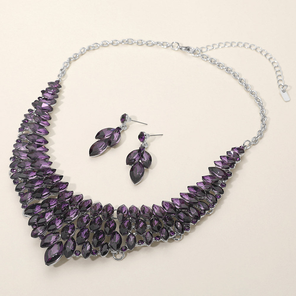 Purple Marquise Stone Embellished Collar Evening Necklace Set on Silver | Crystal Necklace Set | 677279