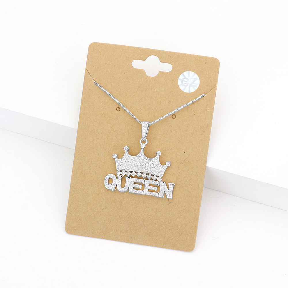 Queen Crown Pendant Necklace on Silver close up
