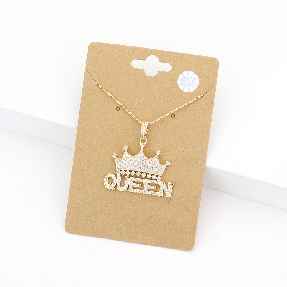Queen Crown Pendant Necklace on Gold Close up