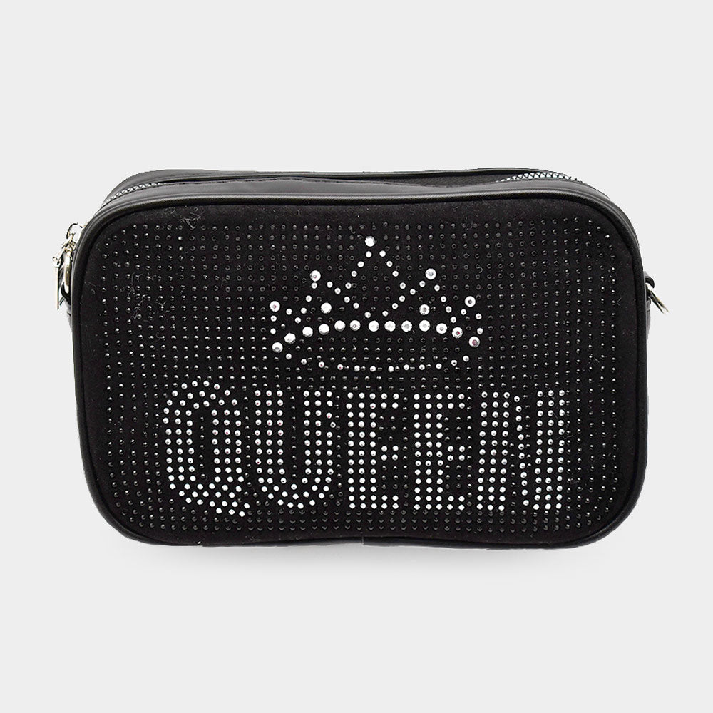 Bling Queen Message with Crown Crossbody Bag Black Studs