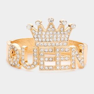 Bling Queen Rhinestone Crown Hinged Bracelet on Gold