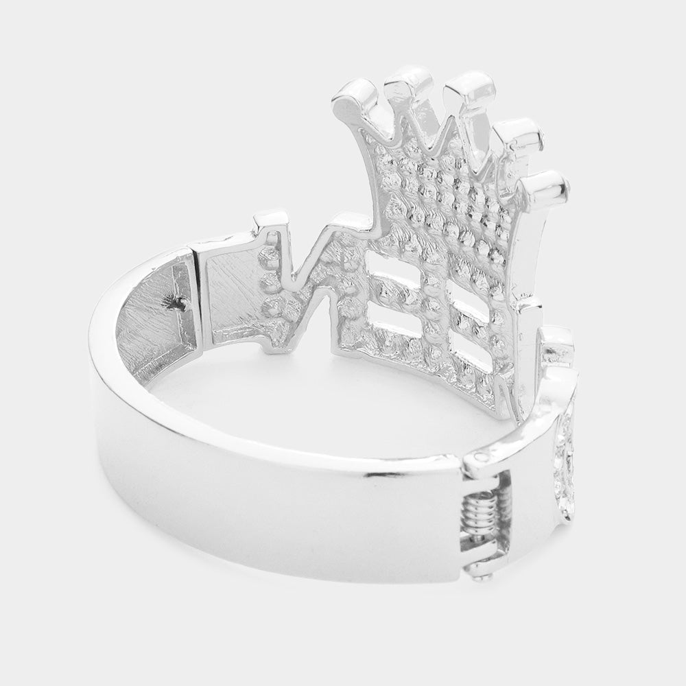 Bling Queen Rhinestone Crown Hinged Bracelets on silver back view