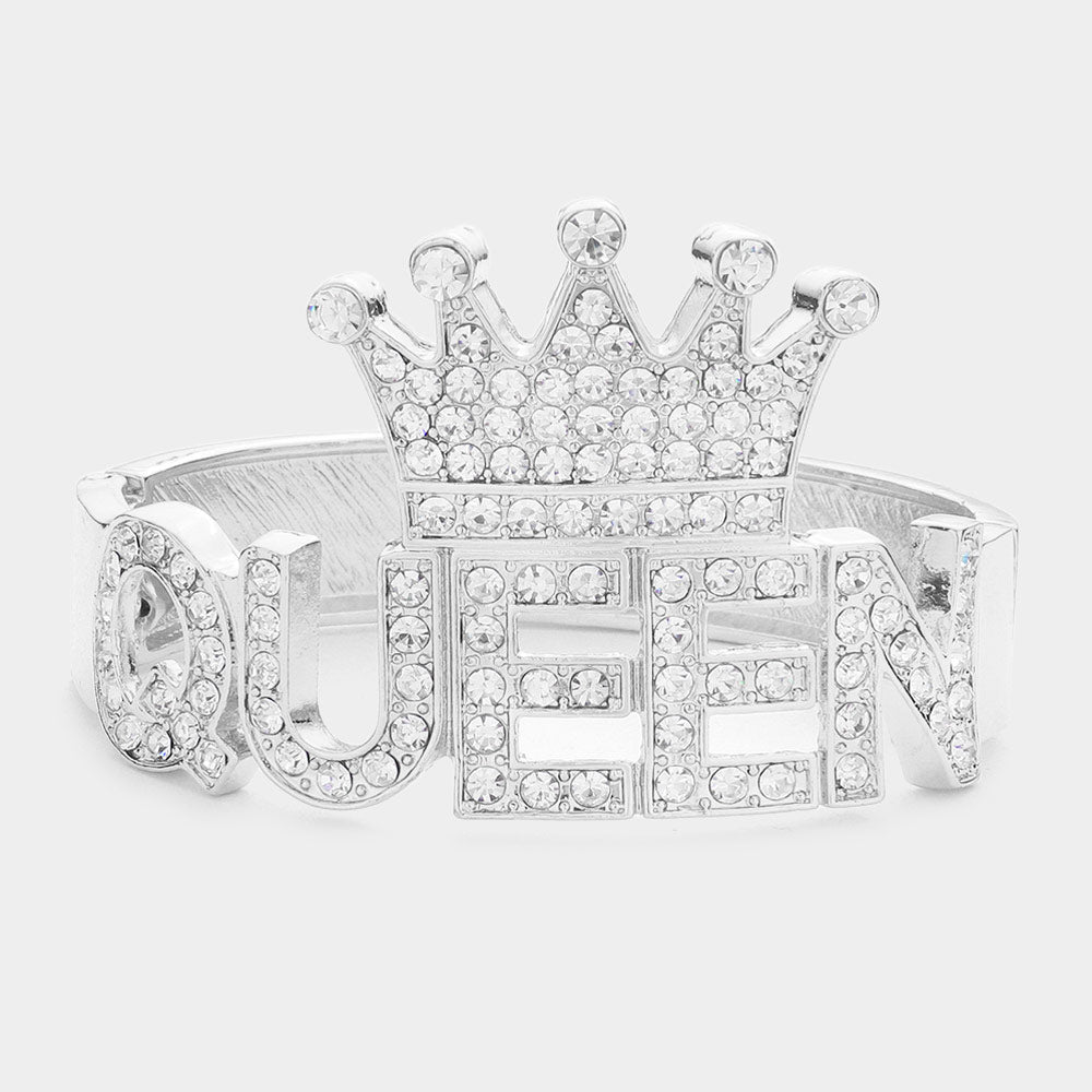 Bling Queen Rhinestone Crown Hinged Bracelets on silver