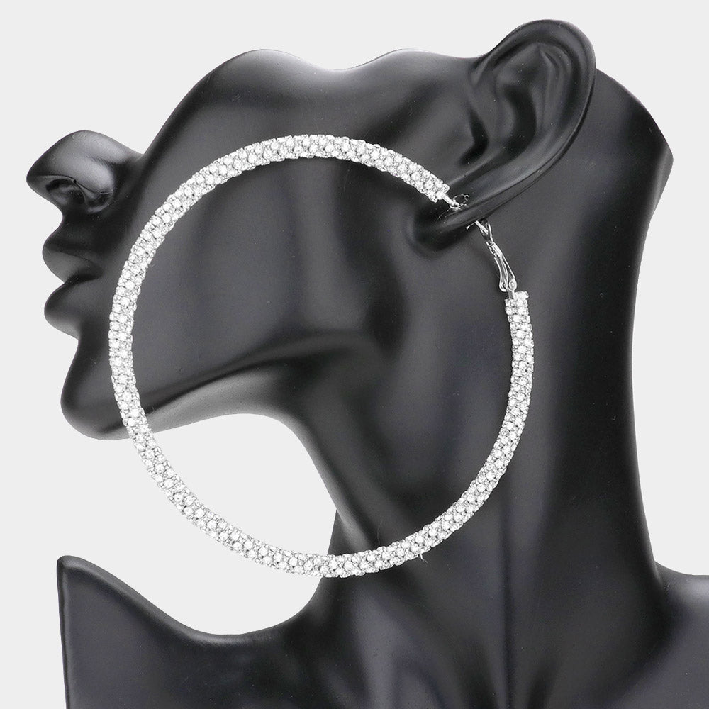 Clear on Silver Rhinestone Hoop Earrings  | 3.75" | 572940