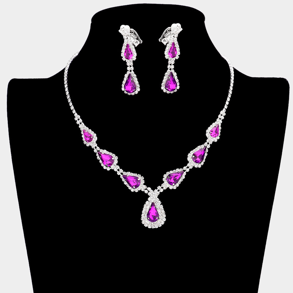 Purple Crystal Necklace with Clip on Earrings | Necklace Set with Clip Earrings