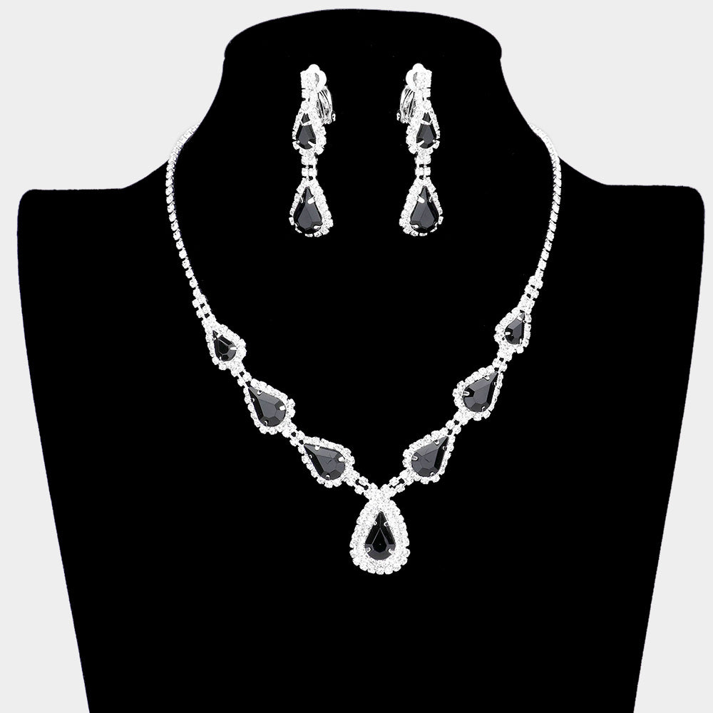Jet Black Crystal Necklace with Clip on Earrings | Necklace Set with Clip Earrings