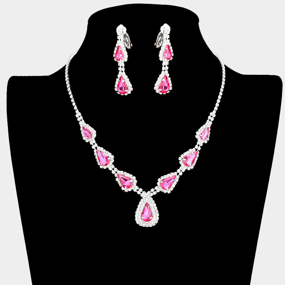 Pink Crystal Necklace with Clip on Earrings | Necklace Set with Clip Earrings