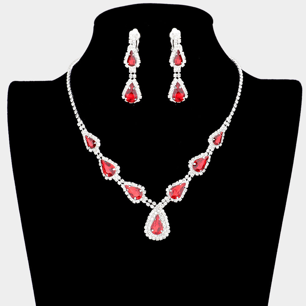 Red Crystal Necklace with Clip on Earrings | Necklace Set with Clip Earrings