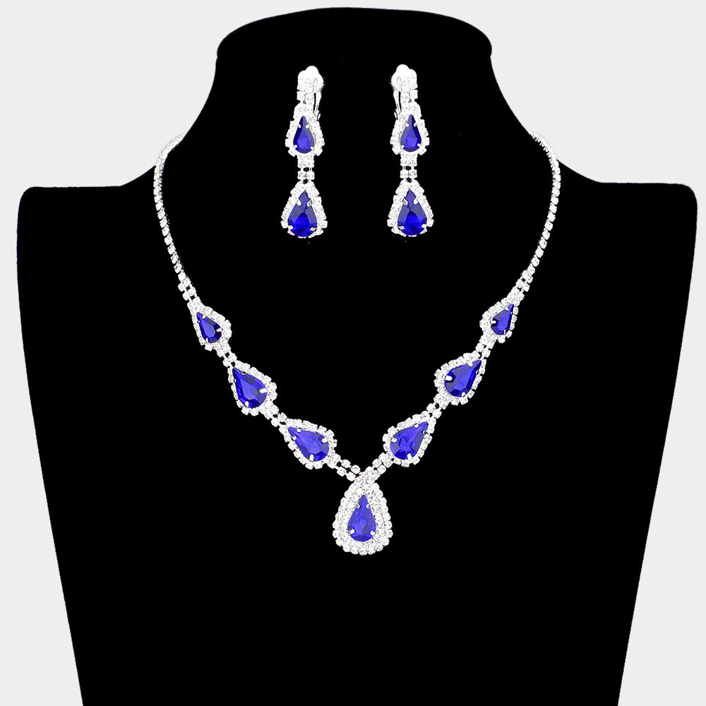 Sapphire Crystal Necklace with Clip on Earrings | Necklace Set with Clip Earrings