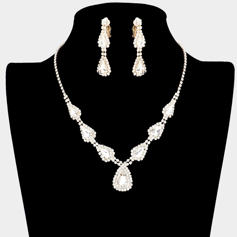 Clear Crystal Necklace with Clip on Earrings on Gold | Necklace Set with Clip Earrings
