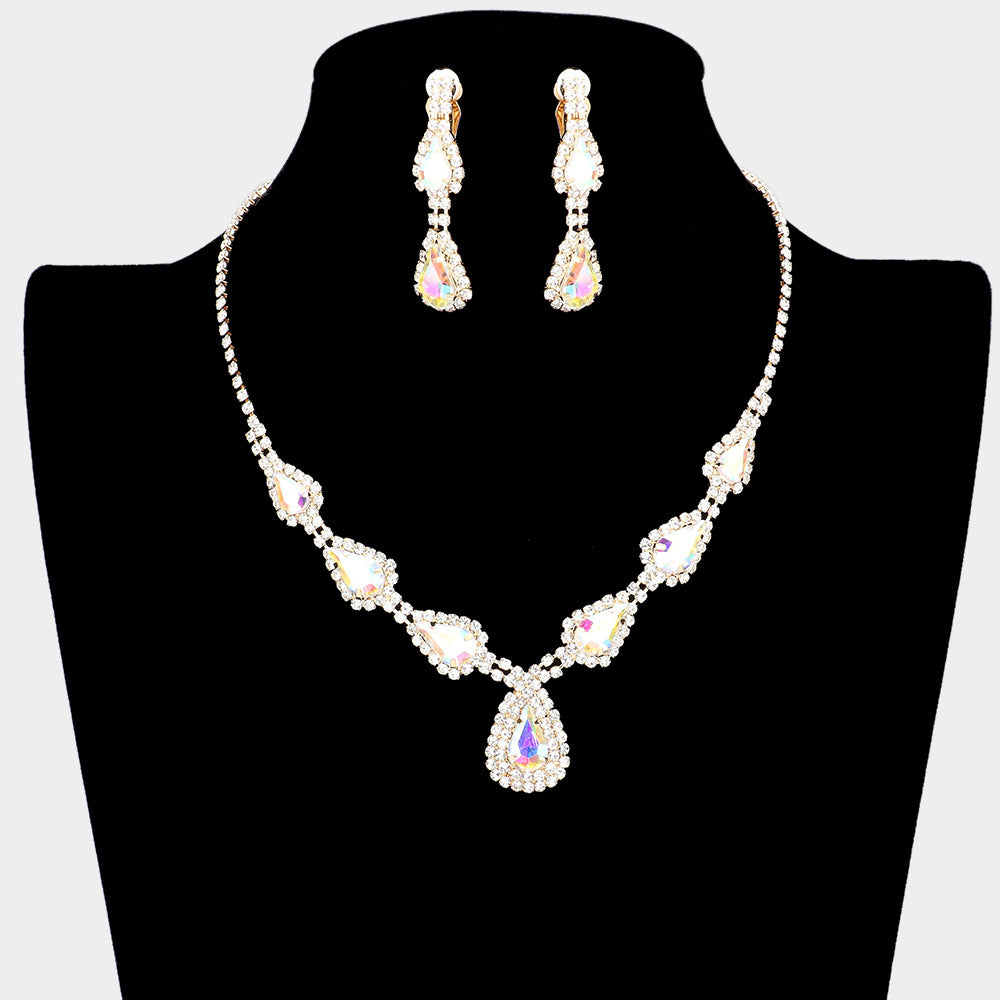 AB Crystal Necklace with Clip on Earrings on Gold | Necklace Set with Clip Earrings
