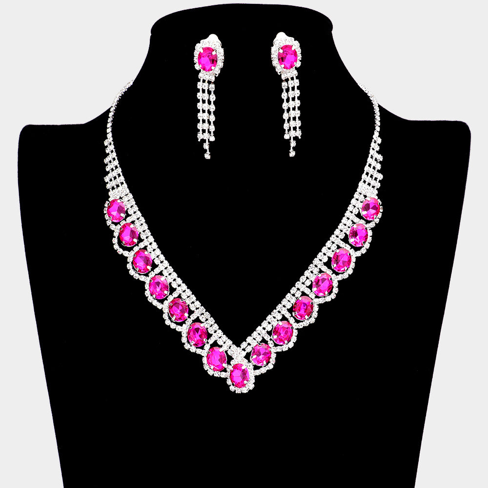Fuchsia Oval Stone Accented V Shape with Rhinestones Necklace Clip on Set | Prom Necklace with Clip on Earrings