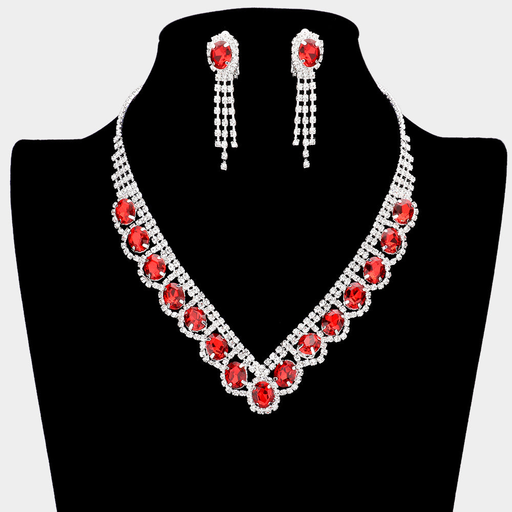 Red Oval Stone Accented V Shape with Rhinestones Necklace Clip on Set | Prom Necklace with Clip on Earrings