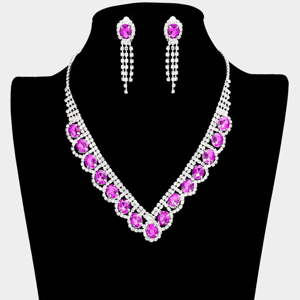 Purple Oval Stone Accented V Shape with Rhinestones Necklace CLIP ON Set | Prom Necklace with CLIP ON Earrings