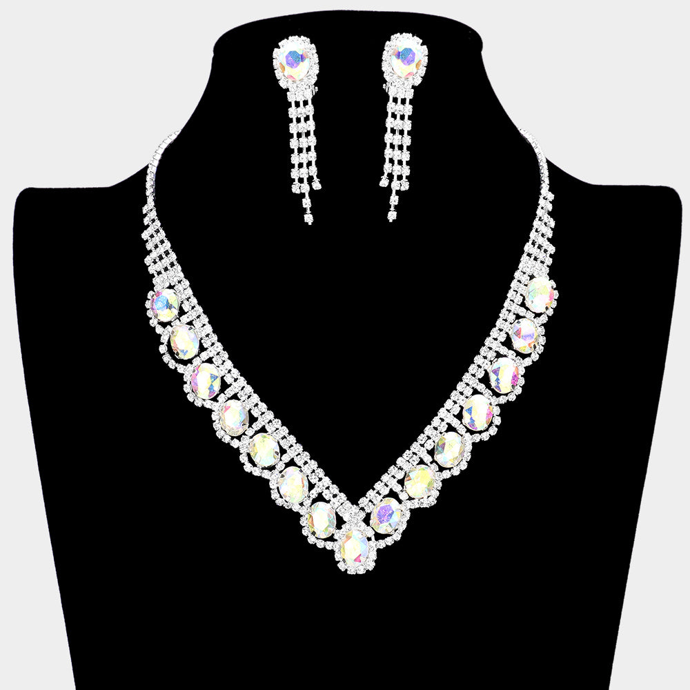 AB Oval Stone Accented V Shape with Rhinestones Necklace Clip on Set  | Prom Necklace with Clip on Earrings