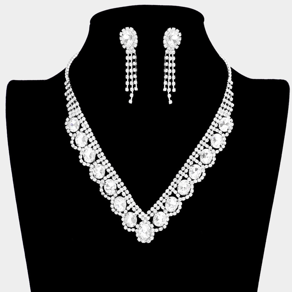 Clear Oval Stone Accented V Shape with Rhinestones Necklace  Set  | Prom Necklace with  Earrings
