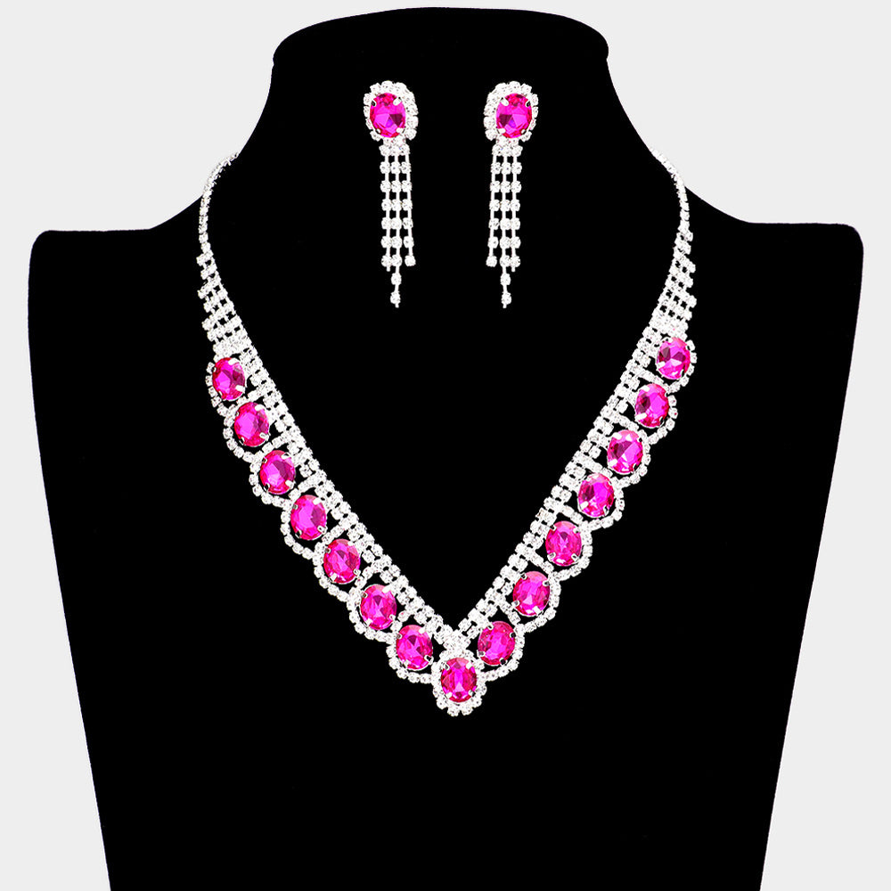 Fuchsia Oval Stone Accented V Shape with Rhinestones Necklace  Set  | Prom Necklace with  Earrings