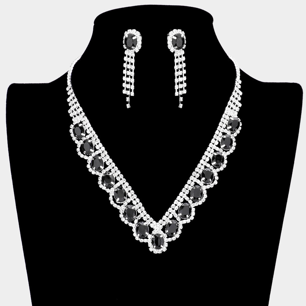 Black Oval Stone Accented V Shape with Rhinestones Necklace  Set  | Prom Necklace with  Earrings