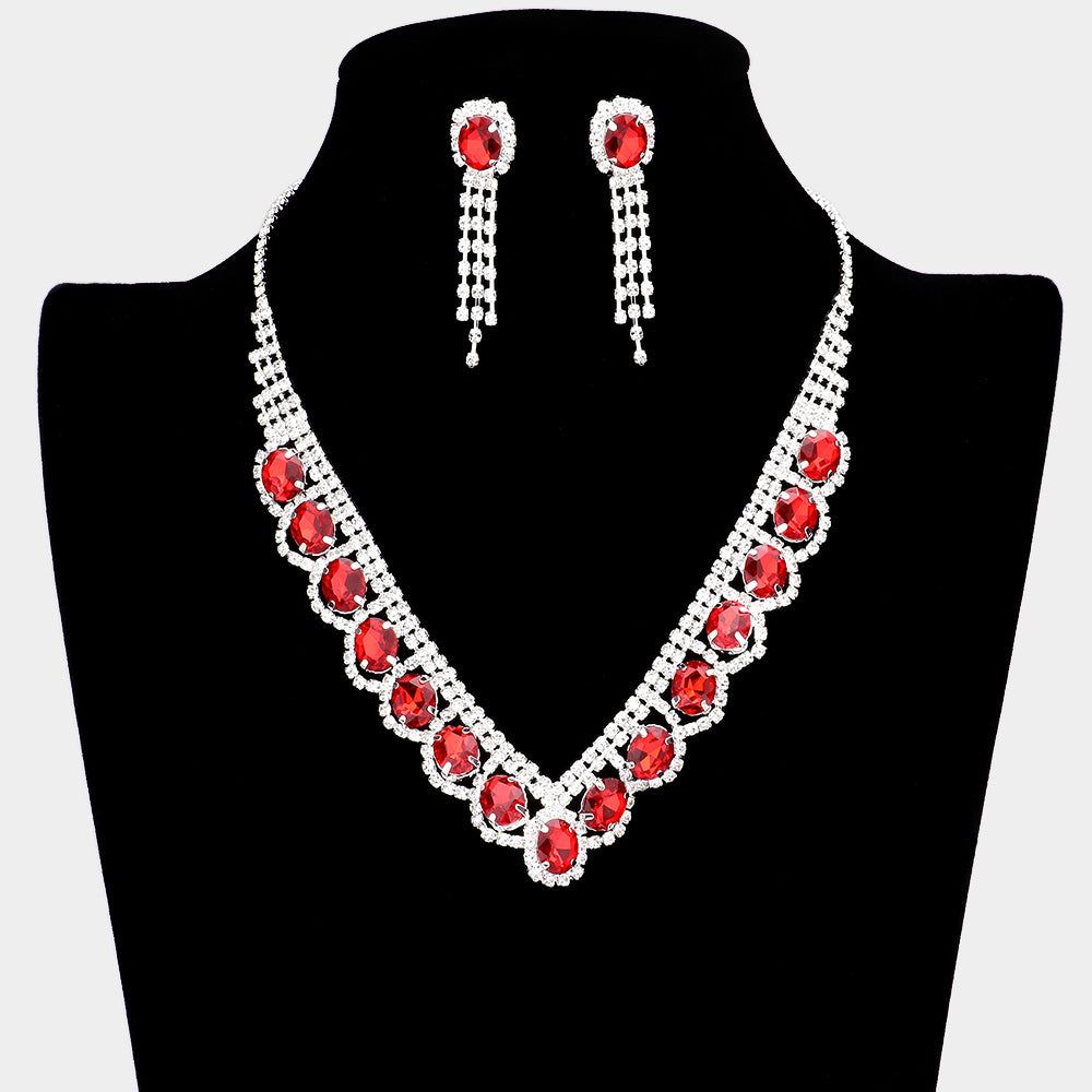 Red Oval Stone Accented V Shape with Rhinestones Necklace  Set  | Prom Necklace with  Earrings