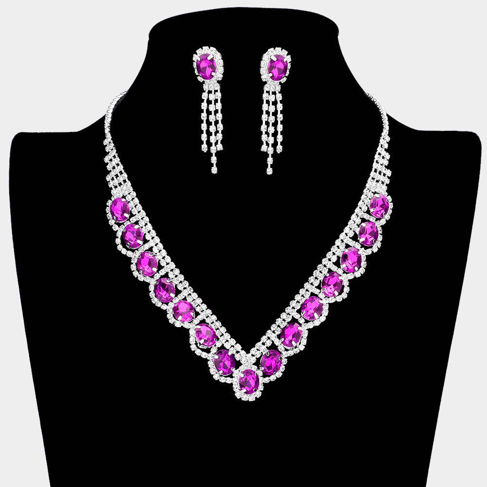 Purple Oval Stone Accented V Shape with Rhinestones Necklace  Set  | Prom Necklace with  Earrings