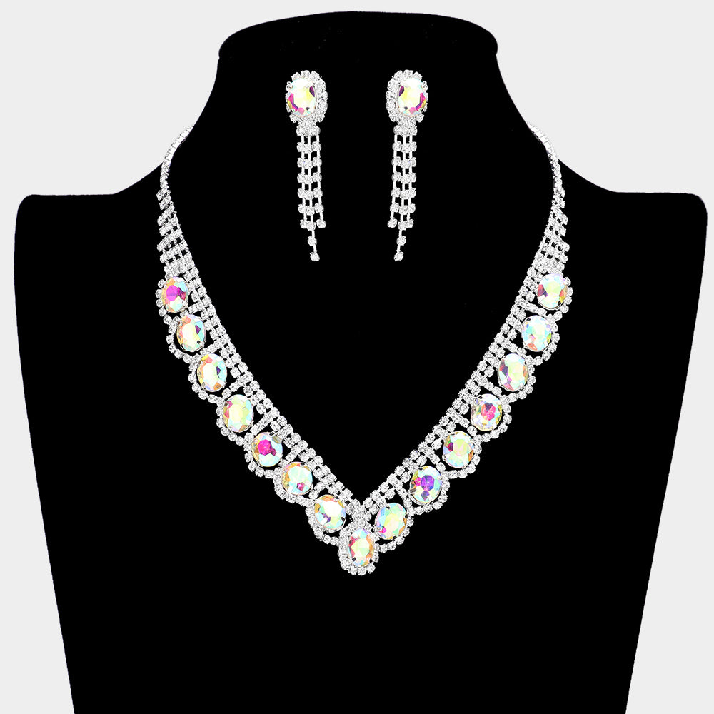 AB Oval Stone Accented V Shape with Rhinestones Necklace  Set  | Prom Necklace with  Earrings