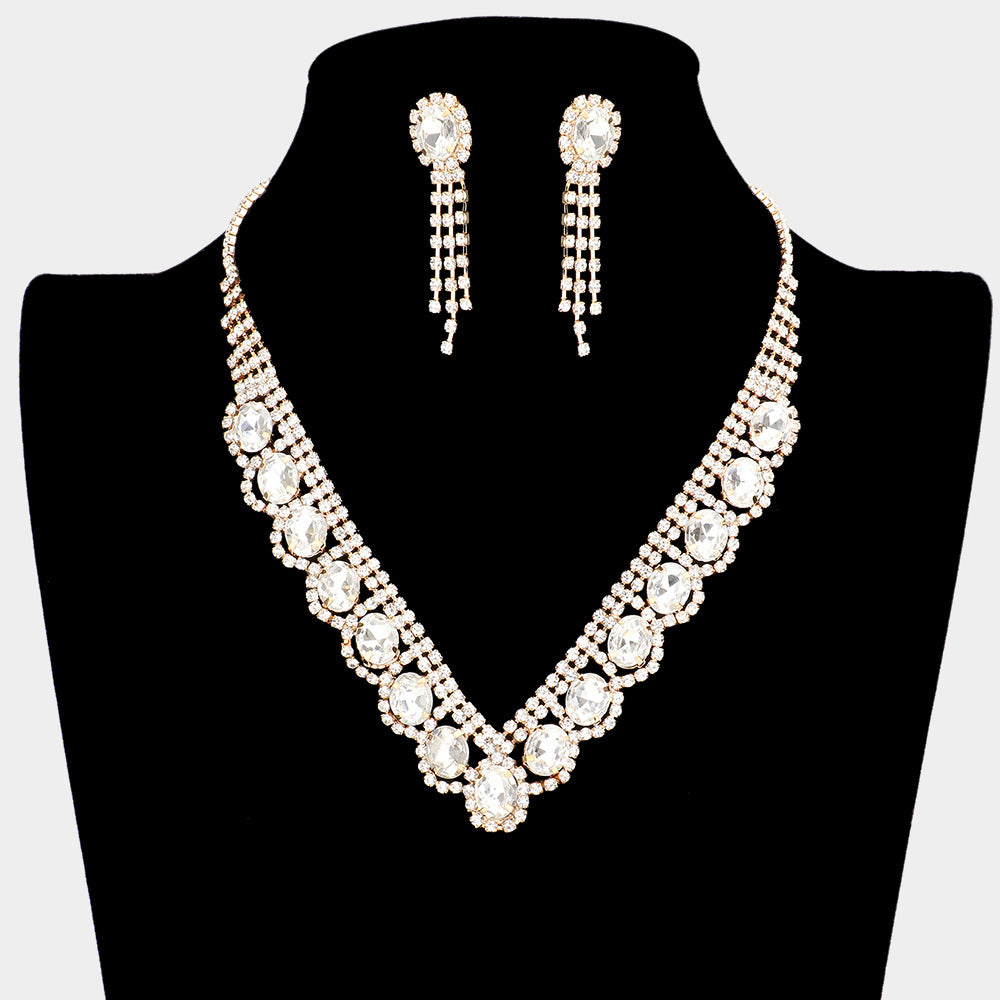Clear Oval Stone Accented V Shape with Rhinestones Necklace  Set on Gold | Prom Necklace with  Earrings