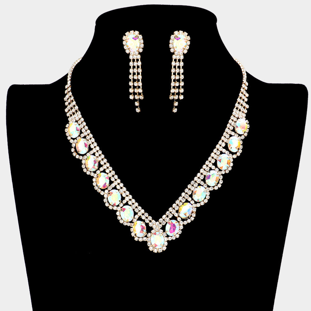 AB Oval Stone Accented V Shape with Rhinestones Necklace  Set on Gold | Prom Necklace with  Earrings 
