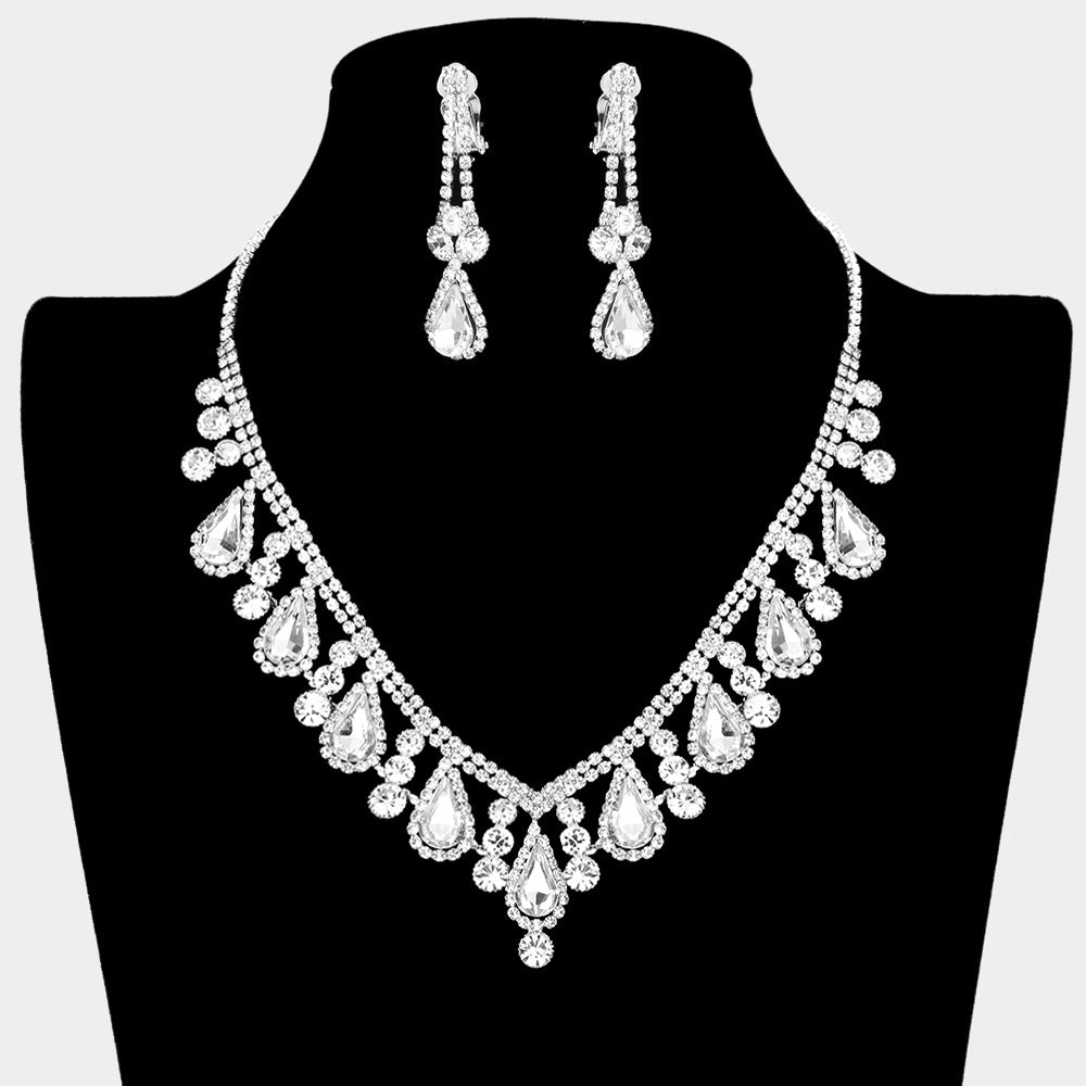 Clear Teardrop and Rhinestone Necklace with Clip On Earrings  | Prom Jewelry