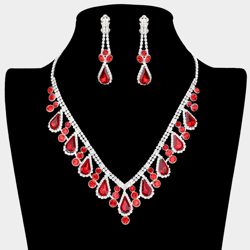 Red Teardrop and Rhinestone Necklace with Clip On Earrings  | Prom Jewelry