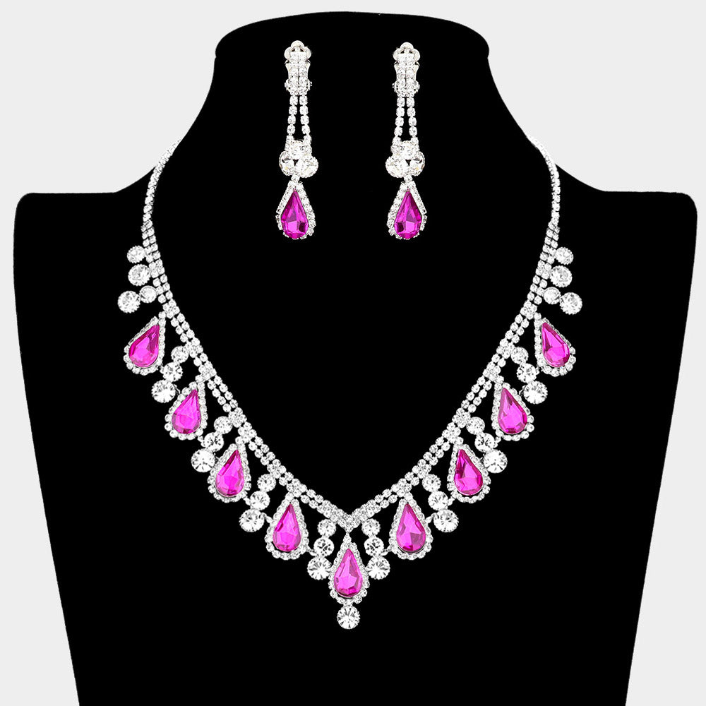 Fuchsia Teardrop and Rhinestone Necklace with Clip On Earrings  | Prom Jewelry