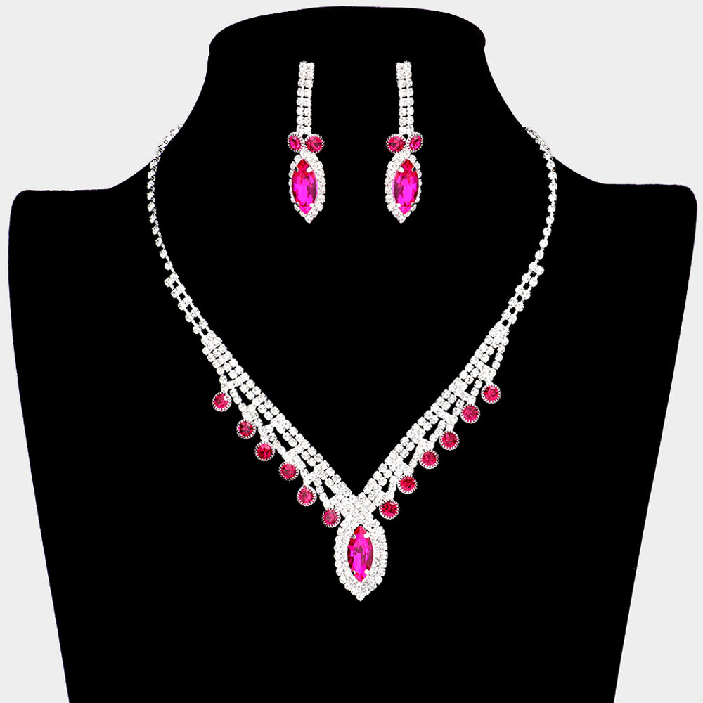 Fuchsia Round and Marquise Shape Stone with Rhinestone Accents Prom Necklace Set