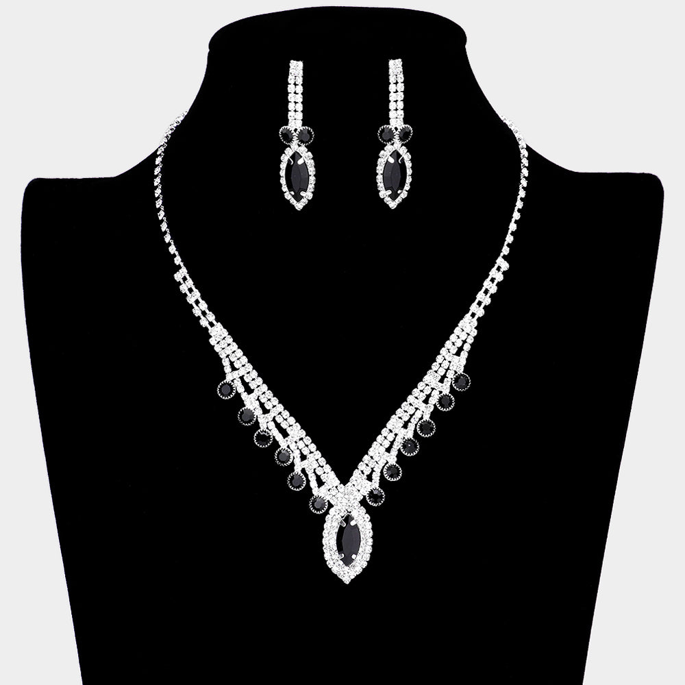 Jet Black Round and Marquise Shape Stone with Rhinestone Accents Prom Necklace Set