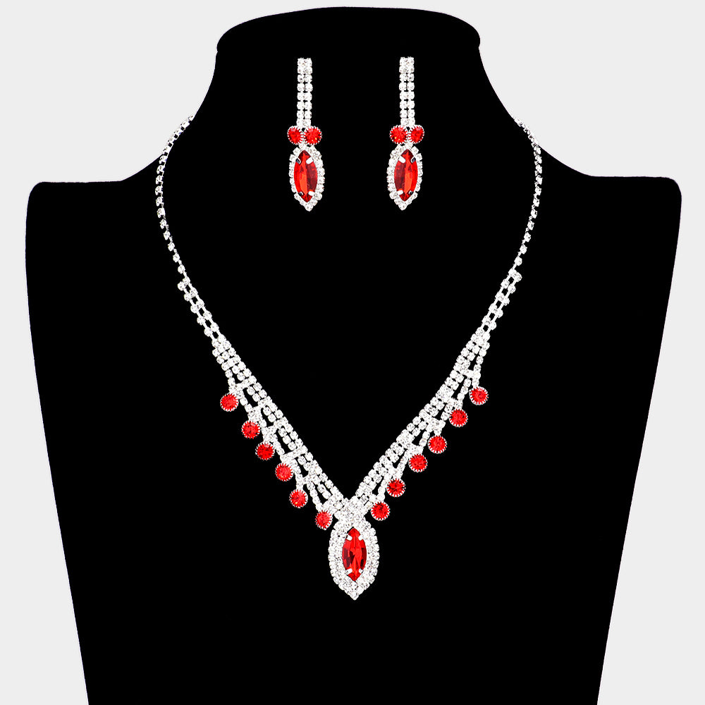 Red Round and Marquise Shape Stone with Rhinestone Accents Prom Necklace Set