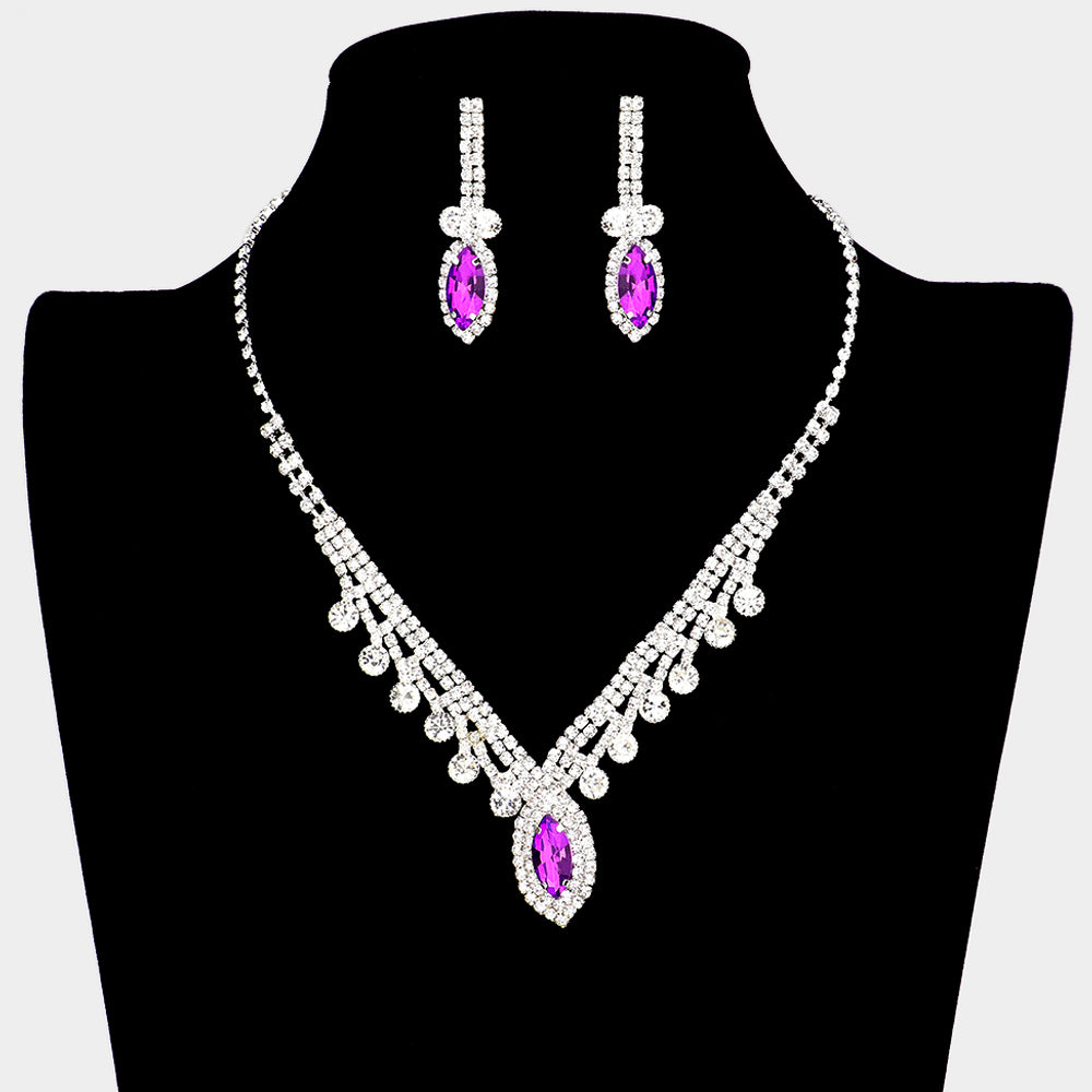 Purple Round and Marquise Shape Stone with Rhinestone Accents Prom Necklace Set