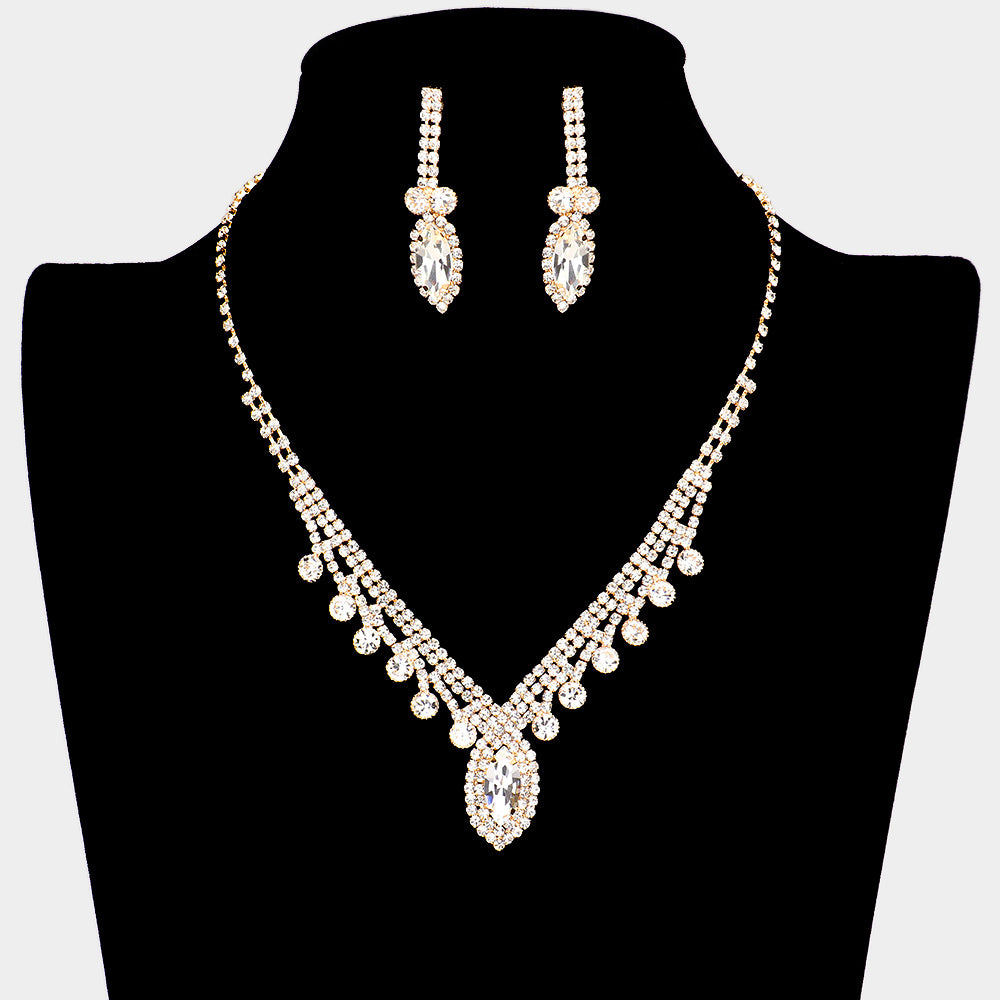 Clear Round and Marquise Shape Stone with Rhinestone Accents Prom Necklace Set on Gold