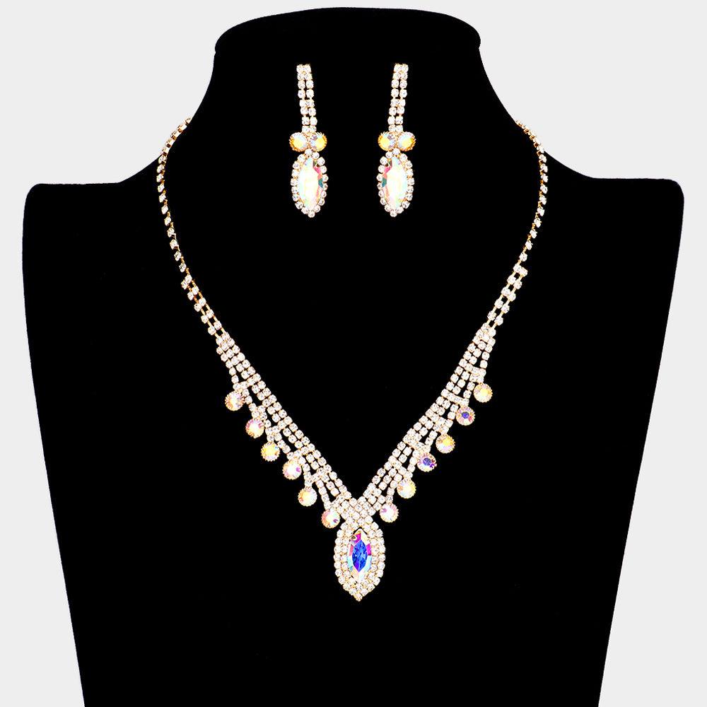 AB Round and Marquise Shape Stone with Rhinestone Accents Prom Necklace Set on Gold