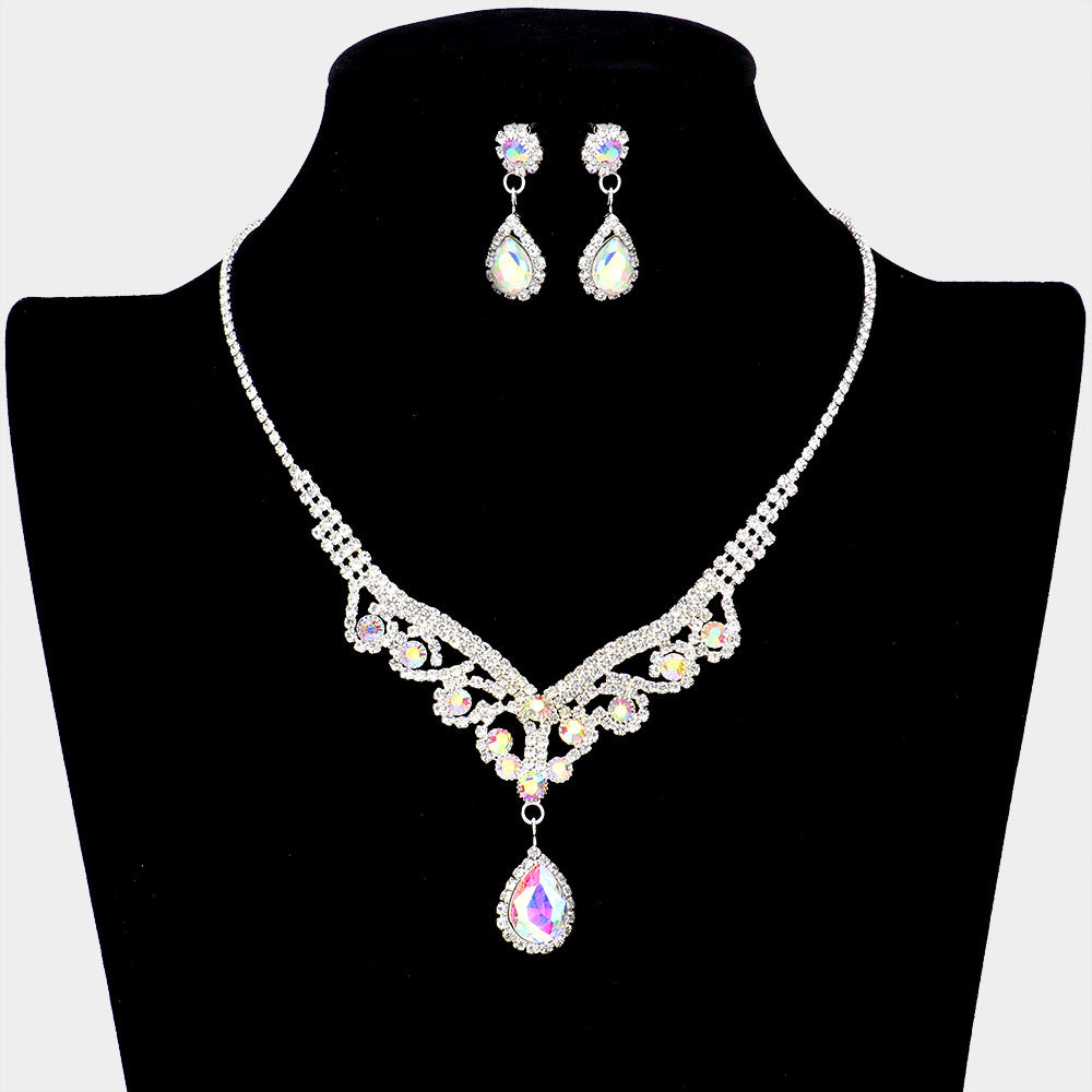 AB Crystal Teardrop Stone Rhinestone Prom Necklace - Clip on Earrings | Prom Jewelry