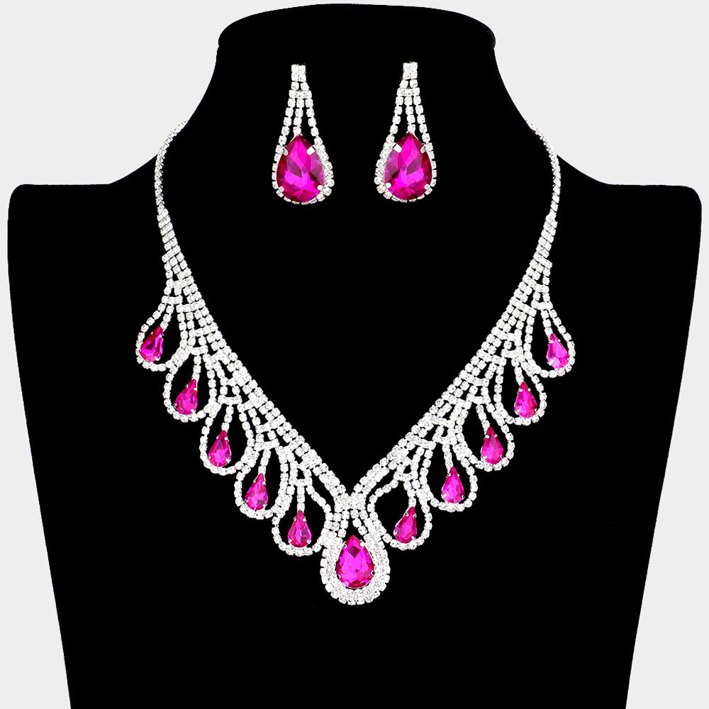 Fuchsia Teardrop and Rhinestone Necklace Set | Crystal Necklace Sets