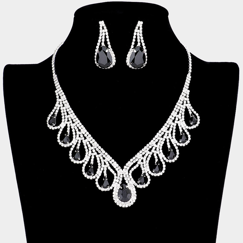 Jet Black Teardrop and Rhinestone Necklace Set | Crystal Necklace Sets