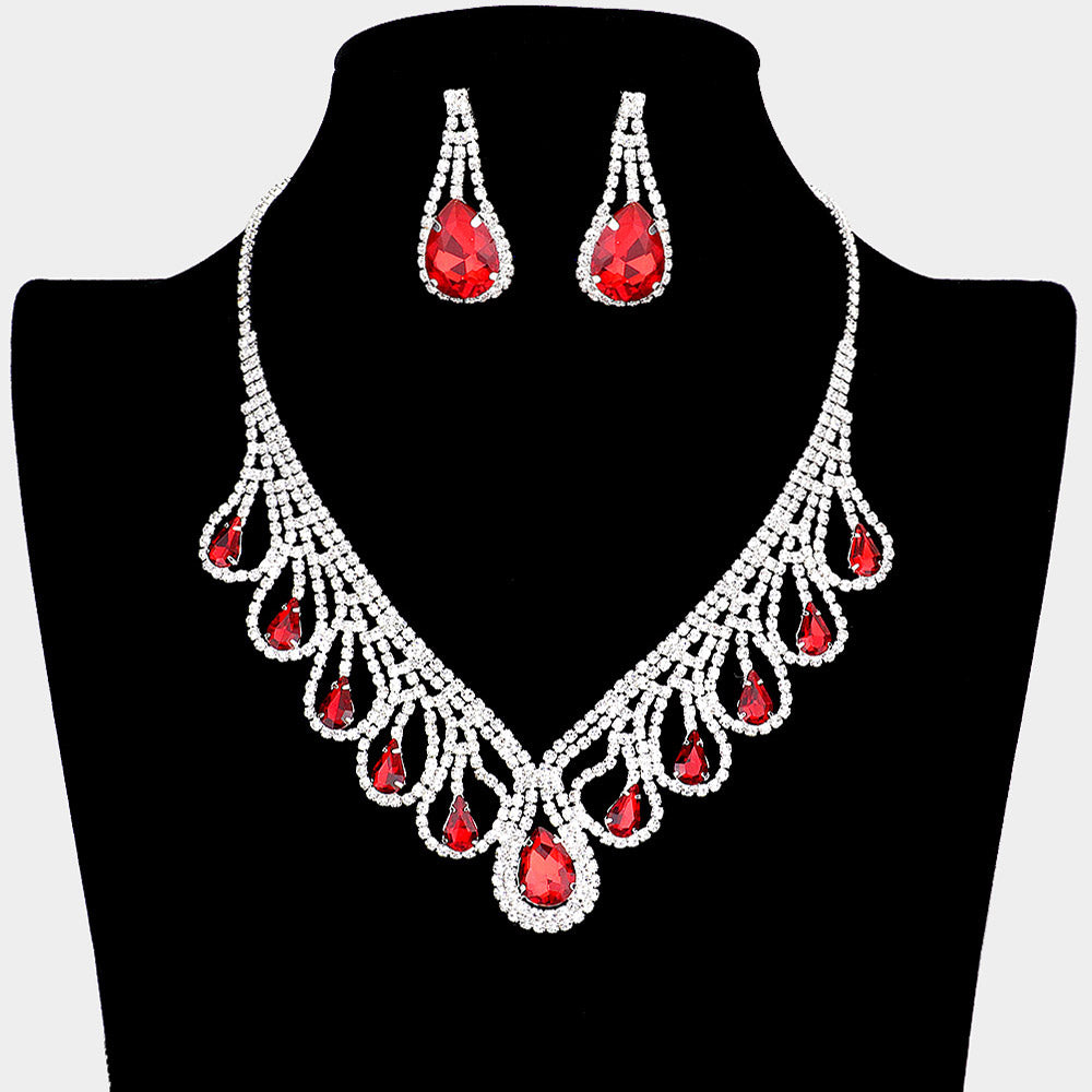 Red Teardrop and Rhinestone Necklace Set | Crystal Necklace Sets
