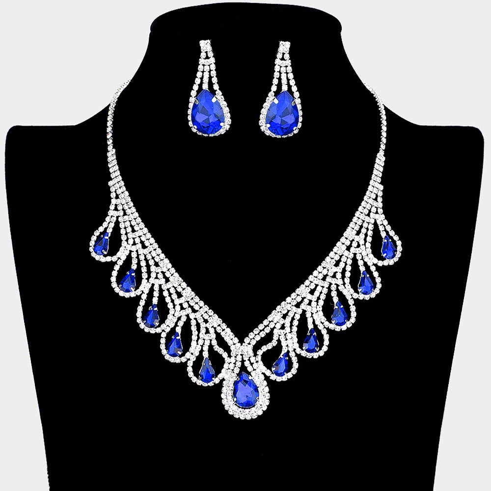 Sapphire Teardrop and Rhinestone Necklace Set | Crystal Necklace Sets