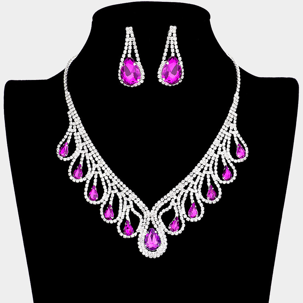 Purple Teardrop and Rhinestone Necklace Set | Crystal Necklace Sets