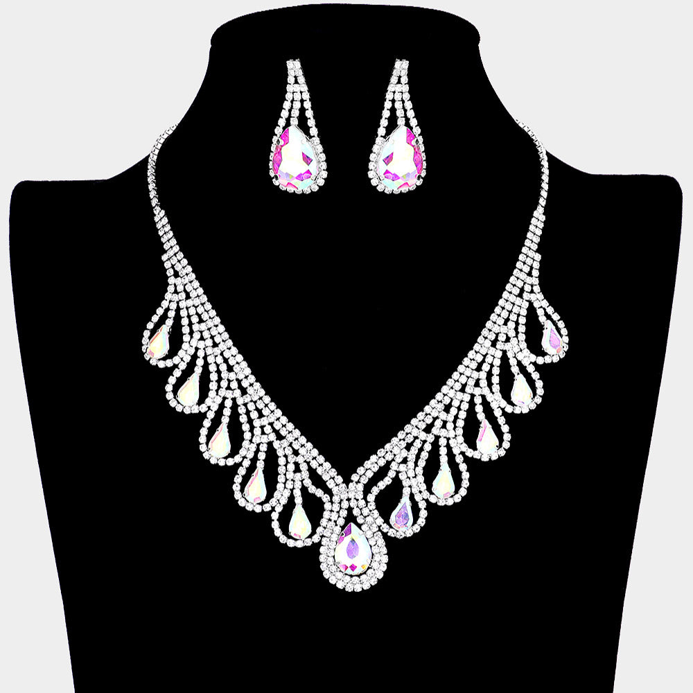 AB Teardrop and Rhinestone Necklace Set | Crystal Necklace Sets