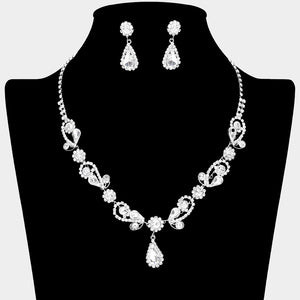 Clear Teardrop and Rhinestone Floral Pageant Necklace Set | Special Event Jewelry