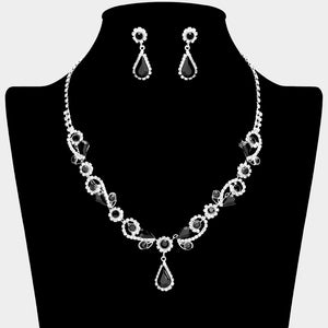 Jet Black Teardrop and Rhinestone Floral Pageant Necklace Set | Special Event Jewelry