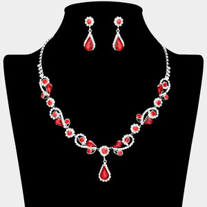 Red Teardrop and Rhinestone Floral Pageant Necklace Set | Special Event Jewelry