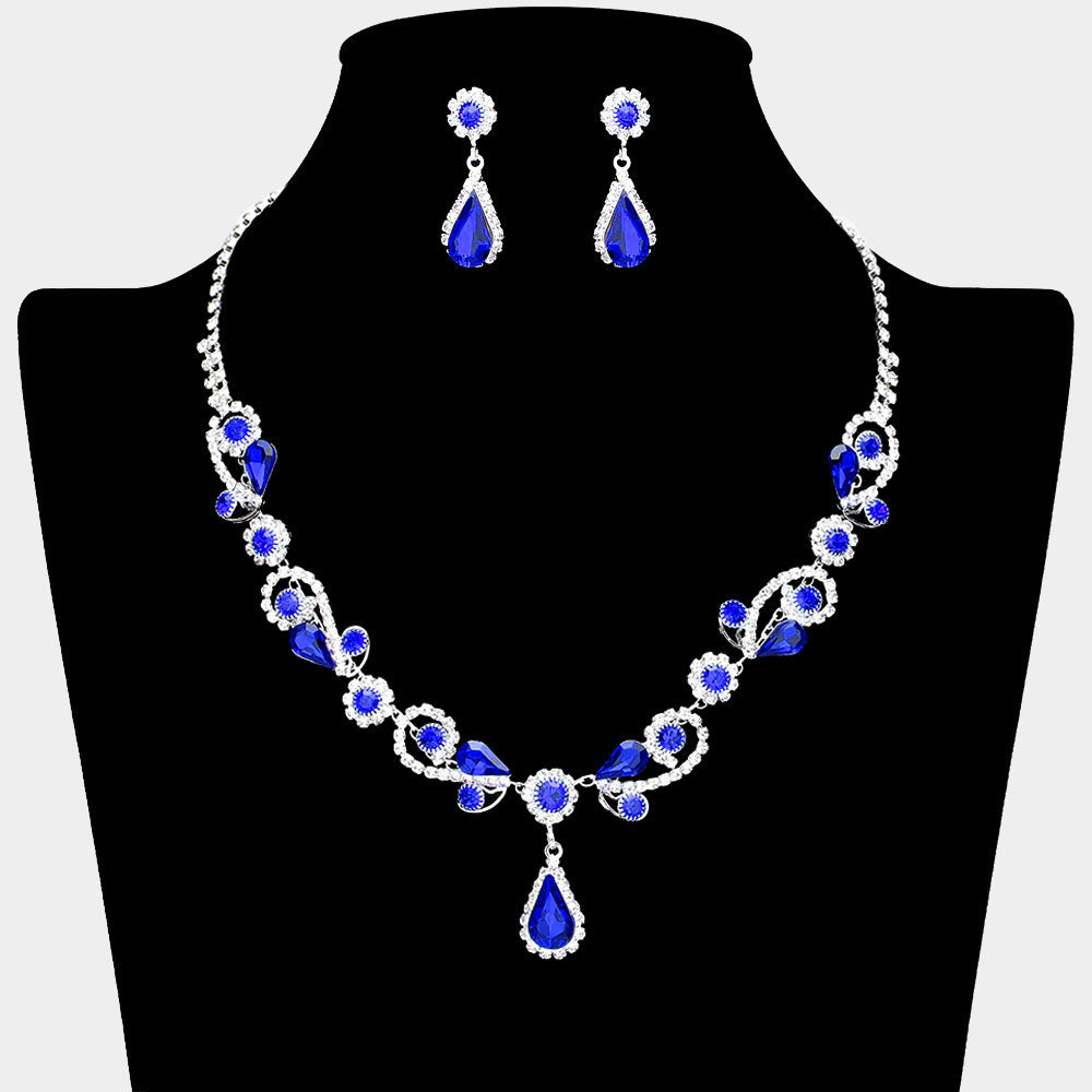Sapphire Teardrop and Rhinestone Floral Pageant Necklace Set | Special Event Jewelry