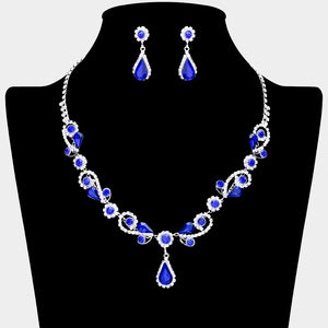 Sapphire Teardrop and Rhinestone Floral Pageant Necklace Set | Special Event Jewelry