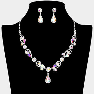 AB Teardrop and Rhinestone Floral Pageant Necklace Set | Special Event Jewelry