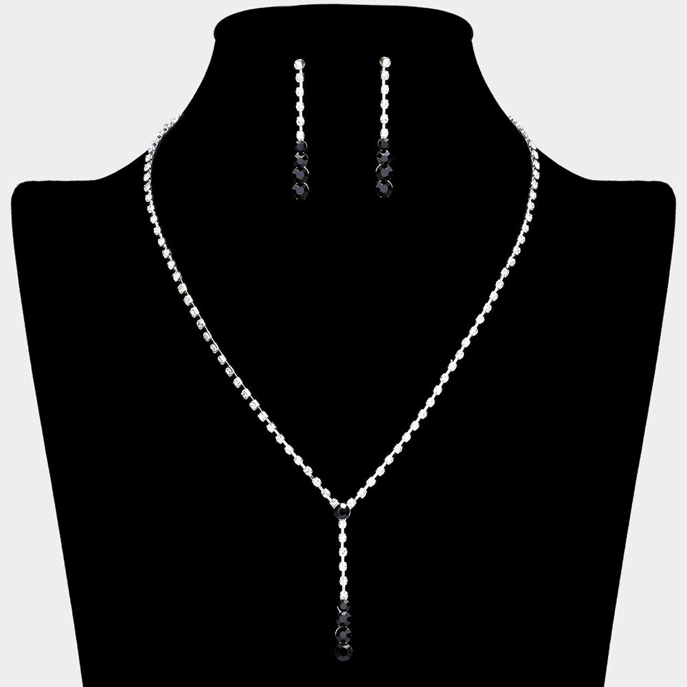 Jet Black Round Stone Y Necklace and Earring Set | Black Necklace Set